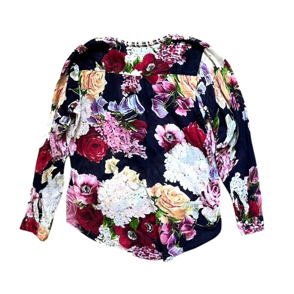 Magazine Navy Multicolored Floral Long Sleeve Semi Sheer Trim Top Blouse Size M - Picture 3 of 5